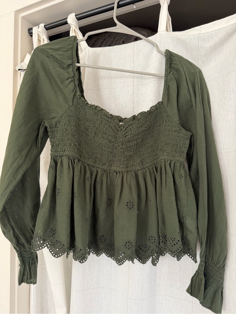 American Eagle Outfitters Olive Green Smocked Eyelet Peasant Top